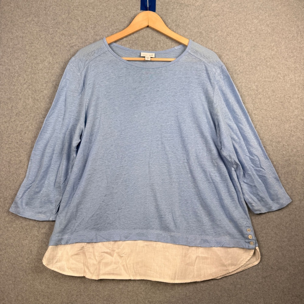 J. Jill Top Womens Large Blue Linen Layered Hem 3/4 Sleeve Button Detail Beachy